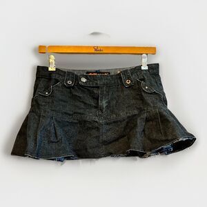 Dollhouse Tuxedo Denim Mini Skirt Womens Y2K Low Rise Ruffle Hem Stretch
